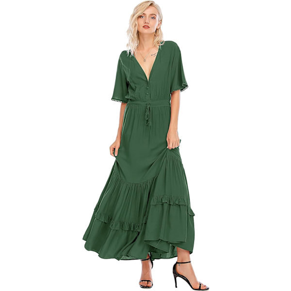 ivimos Dam Sommar Bomull Kortärmad V-hals Blommig Tryck Casual Bohemian Midi Klänningar Armygreen X-Large