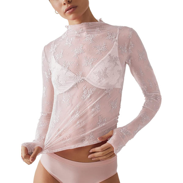 rlov Dam långärmad mesh topp mock neck genomskinlig blus genomskinlig blomspets toppar