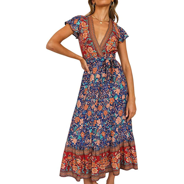 ivimos Dam Sommar Kortärmad Blommig Tryck Bohemisk Strand Midja Slips Wrap Lång Flytande Klänning med Slit Navyblue X-Small