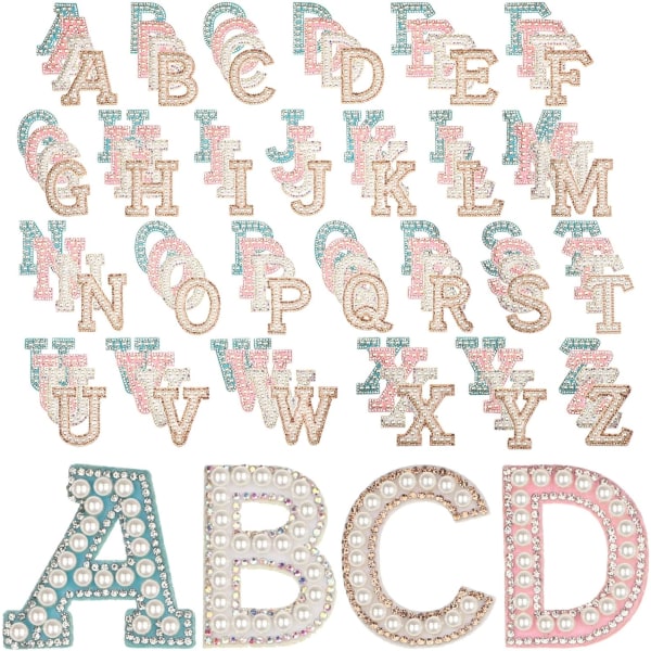 une 104 st Rhinestones Pärlor Stryk på dekorativa bokstavslappar A-z Bling Glitter Engelska alfabetet Applique for Sy on Classic Style