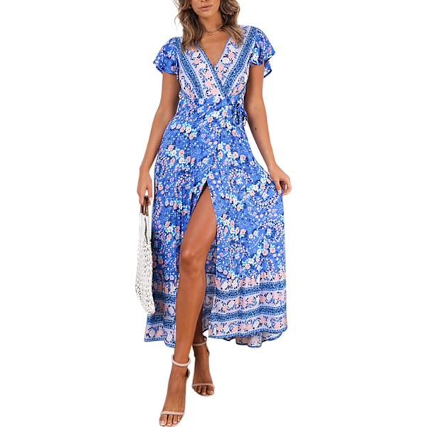ivimos Dam Sommar Kortärmad Blommig Tryck Bohemisk Strand Midja Slips Wrap Lång Flytande Klänning med Slit Royablue Stor