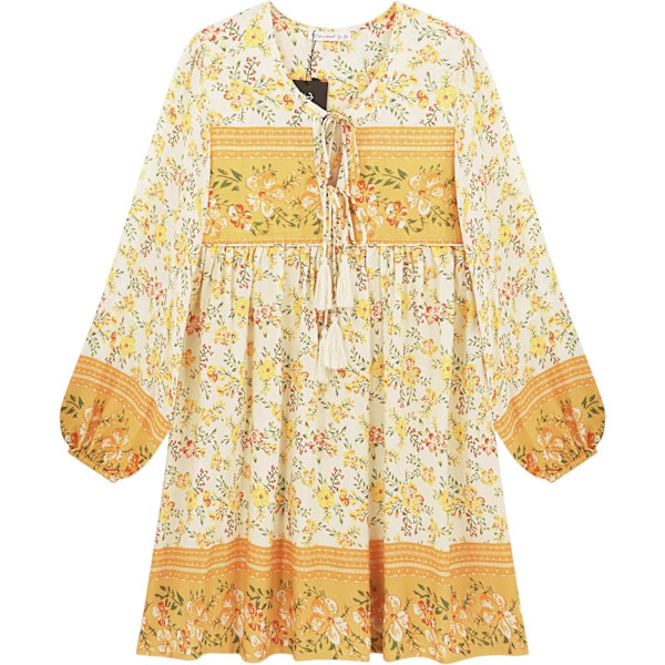 ivimos Dam långärmad blommig casual print bomull miniklänning vitgul X-Small