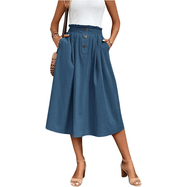 dusa Dam Elastisk Midja Fickor Sida A Linje Midi Swing Flared Kjol Solid Blå Medium