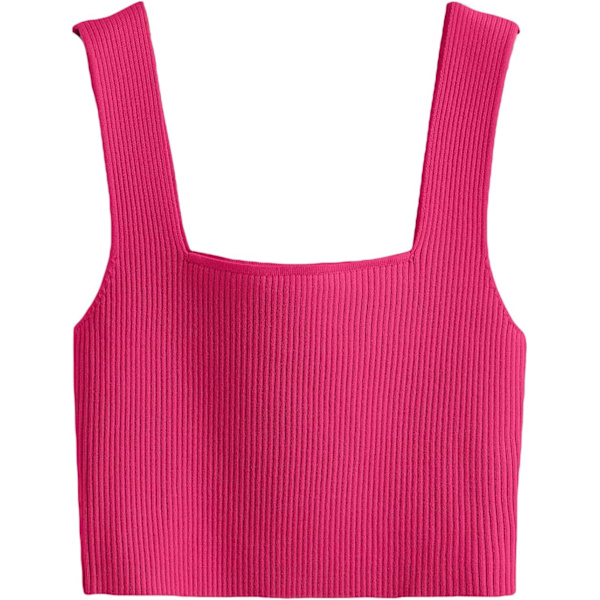 dusa Dam Square Neck Sleeveless Solid Ribbed Knit Crop Top Tank Hot Pink Medium