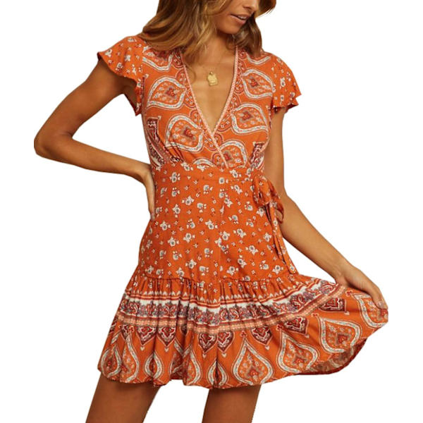 ivimos Dam Sommar Kortärmad Casual Bohemian Strand Volang Blommig Tryck Rosett Kort Solklänning Orange#1 Stor