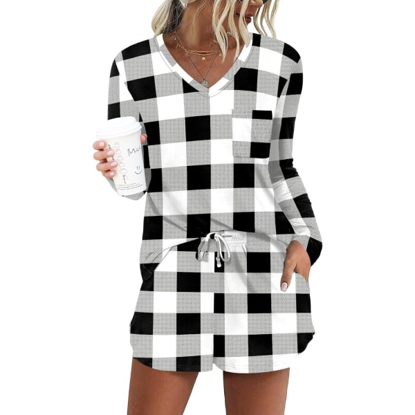 MOON Damkläder Långärmad Lounge Set 2 Delar Söt Kort Pyjamas Set Med Ficka Sovkläder Svart Vit Pla X-Large