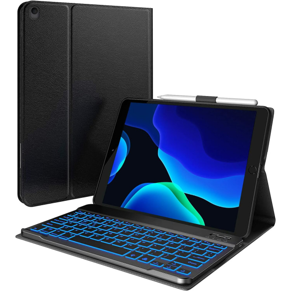 id 8:e generationens case med tangentbord och pennhållare, iPad 10.2 2021 & Air 3 10.5 Kompatibel - 7-färgs bakgrundsbelyst tangentbord - Smal läder Folio Smart C