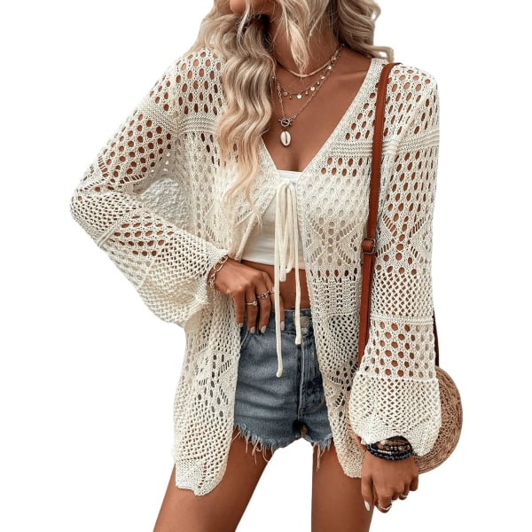 dusa Dam Tie Front Långärmad Hollow Out Sheer Kimono Cardigan Cover Up Beige Liten