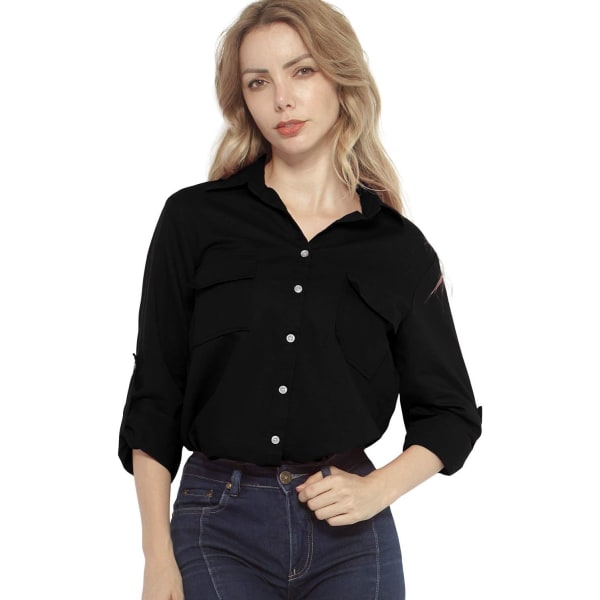 ch Långärmade skjortor i linne med knappar för kvinnor med fickor #2046 Svart Medium