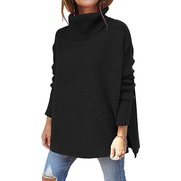 N Dam tröja med polokrage, lång ärm, slitsad fåll, avslappnad asymmetrisk pullover, stickad varm kläder för vintern