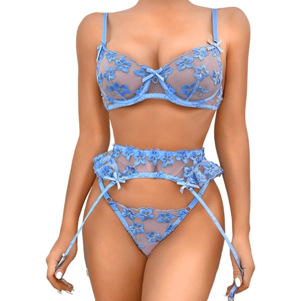 i&Shi Strumpeband Lingerie för Kvinnor, Bygelbroderad Sexig Lingerie, Volang 3 Delar Lingerie Set Blå 0-2