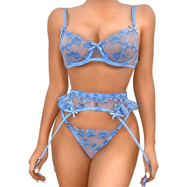 i&Shi Strumpeband Lingerie för kvinnor, Underwire Broderad Sexig Lingerie, Volang 3 Delar Lingerie Set Blå 0-2