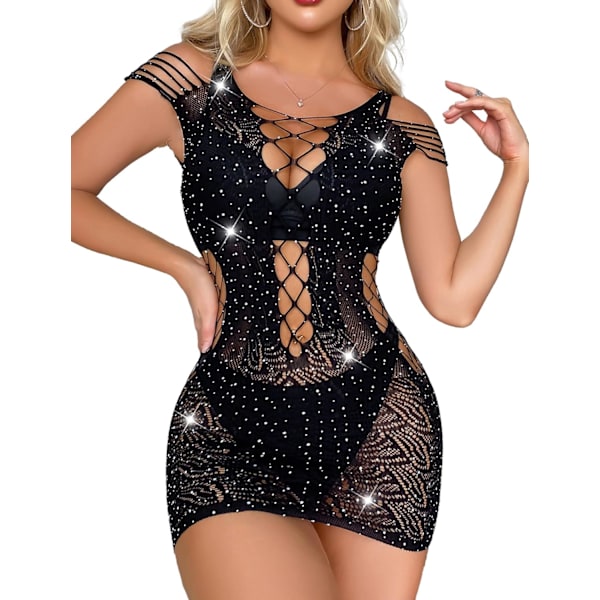 ute Sexig fisknätlingerie för kvinnor Cut Out Teddy Mesh Nattkläder Glittrande strassar En del Babydoll Miniklänning Svart+rhineston