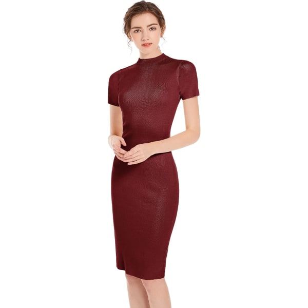 Kvinnors korta ärmar stickade vår sommar elastisk bodycon midikjol klänning Bourgogne X-Large