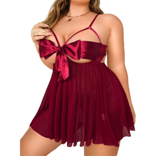 i&Shi Unwrap Me Ribbon, Split Back, Gifts Babydoll, 2PC Plus Size Lingerie Burgundy 20 Plus