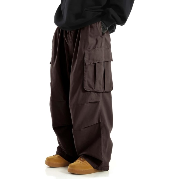 dusa Herr Drawstring Midja Fickor Sida Lös Cargo Byxor Baggy Joggers Kaffe Brun Stor