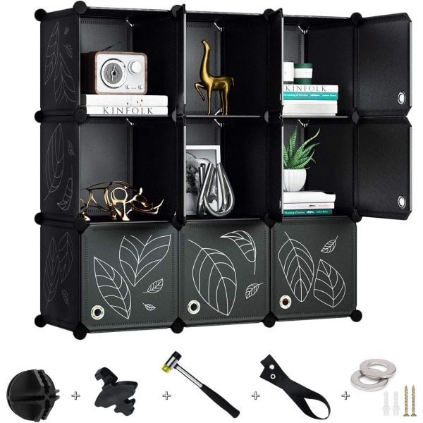 Genstell Cube Storage Organizer, 9-Cube Closet Organizer med dörrar, DIY Plastic Storage Cubes Organizer, Modular Storage Cabinet Book Shelf för säng
