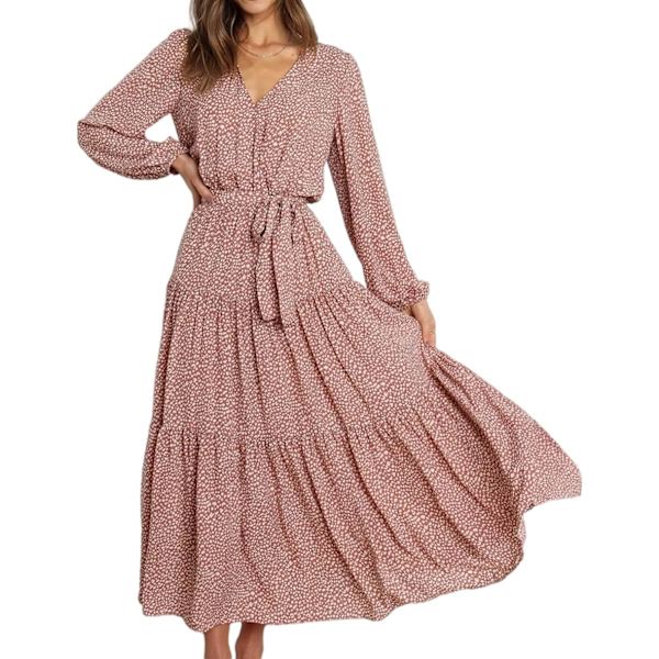 ivimos Dam långärmad casual klänningar wrap V-ringad prickar vågig volangig flytande midiklänning med bälte Dustyrose#2 Medium
