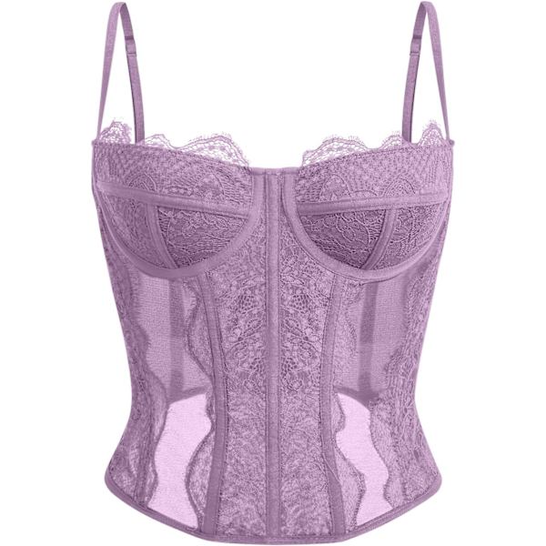 lmore Dam Sommar Spets Bustier Mesh Sexig Vintage Spaghetti Rem Öppen Rygg Benad Korsett Utgående Fest Crop Top Ljus Lila X-Small