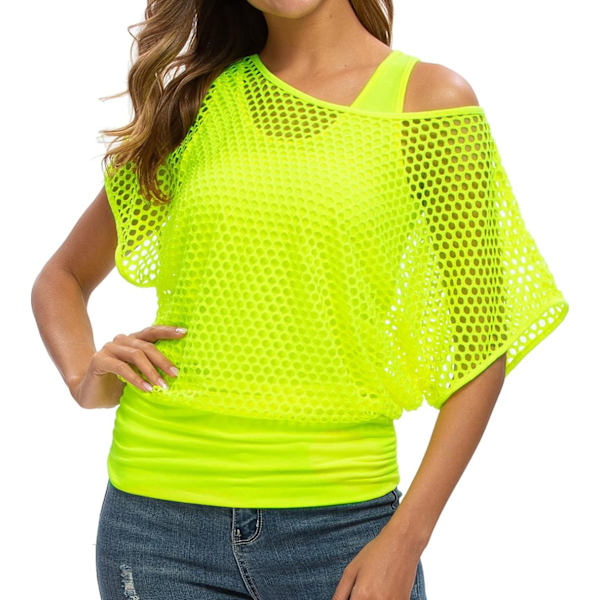önskan Kvinnor Casual Sexy 80-tals Kostymer Fishnet Två Delar T-Shirt Neon Off Shoulder 80-tals Maskeradklänningar Toppar