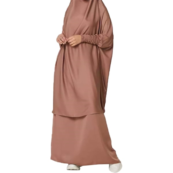 VFPO Dammuslimsk Solid Abaya 2-delad böneklänning med hijab islamisk maxi kaftan Dubai Ramadan hel lång klänning brun en storlek