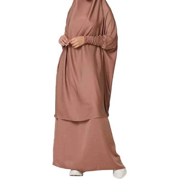 VFPO Womens Muslim Solid Abaya 2-delad bönklänning med Hijab Islamic Maxi Kaftan Dubai Ramadan Hellängd Klänning Brun One Size