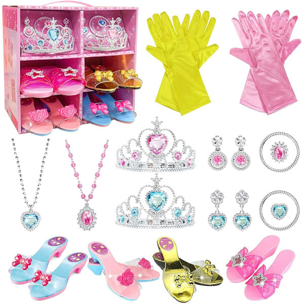 WR Flickor Leksaker Prinsessa Klä Upp Skor Låtsas Rollspel Set Smycken Boutique Plast Tillbehör med 4 Skor Handskar Armband Örhängen Kronor för Barn