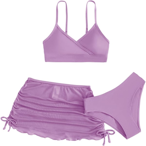 dusa Flickors 3-delad Bikini Badkläder Söt Baddräkt Badkläder Hög Midja med Cover Up Strandkjol Mauve Lila 10 År