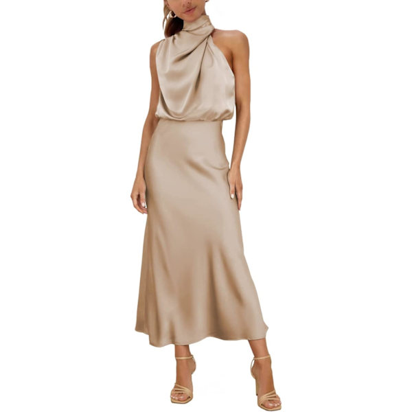 ER Dam Mock Neck Satin Elastisk Hög Midja Bröllop Gäst Kväll Cocktail Fest Elegant Formell Maxi Klänning Champagne X-Large