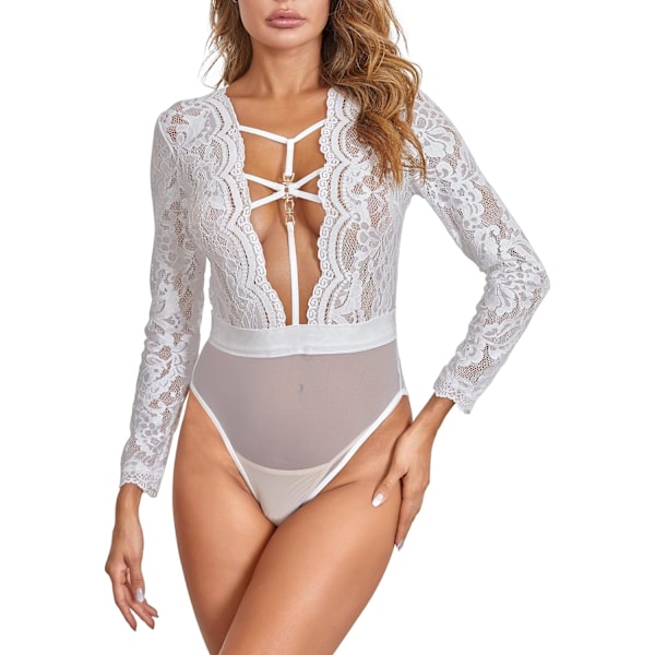 gerLove Plus Size Kvinnor Teddy och Robe Set Hög Hals Spets Sheer Mesh Sexig Underkläder Vit 3X-Large-4X-Large