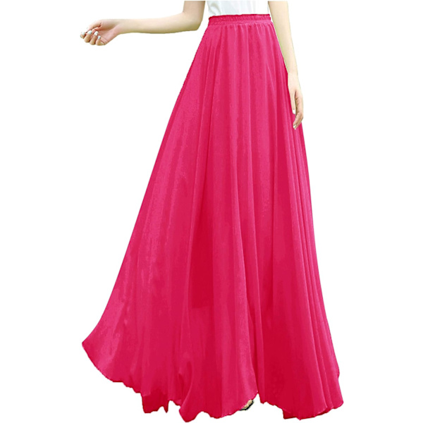 Kvinnor Full/Ankel Längd Elastisk Plisserad Retro Maxi Chiffon Lång Kjol Rose 5X-Large