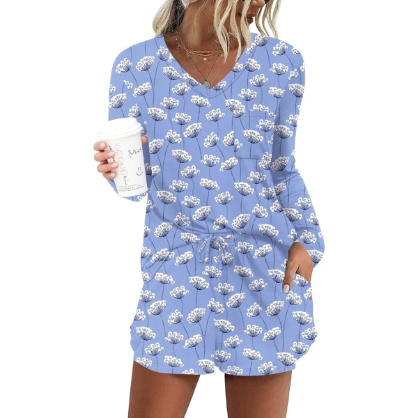 MOON Långärmad set för kvinnor 2 delar Söta korta pyjamasset med fickor Sleep Wear Blue Floral 04 Large