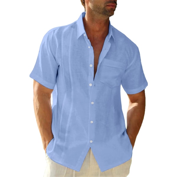 BL Herr Linneskjorta Kortärmad sommarskjorta Herr Casual med bröstficka Normal Fit Herrskjortor 01ljusblå Medium