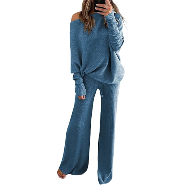 pee Dam 2-delad Sweatsuit Set Lös Topp Bredbenta Byxor Ribbade Loungewear Stickade Outfits Blå X-Large