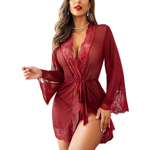 dlove Dam Kimono Robe Babydoll Sexig Underkläder Mesh Chemise Nattlinne Cover Up Mörk Röd X-Large