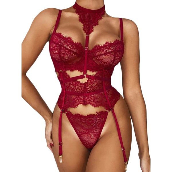 i&Shi Exotisk Choker, Högmidjebälte, G-string, 5-delad remhållare Bourgogne 4-6