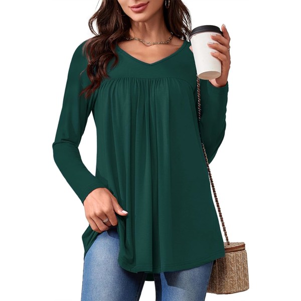 LASI Långärmade tunikatröjor för damer V-ringad Casual Dressy T-shirts Loose Fit Wear med Leggings Blusar Höst Toppar för kvinnor Grön liten
