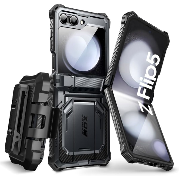 lason Armorbox Series för Samsung Galaxy Z Flip 5 Case () med inbyggt skärmskydd & stöd och bältesklämma, Fu Black