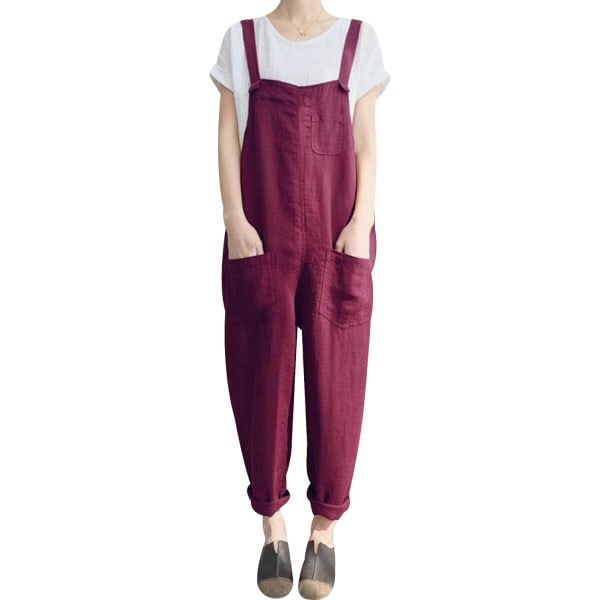 uo Damer Casual Baggy Lös bomull Linne Overall Jumpsuit Wine Large