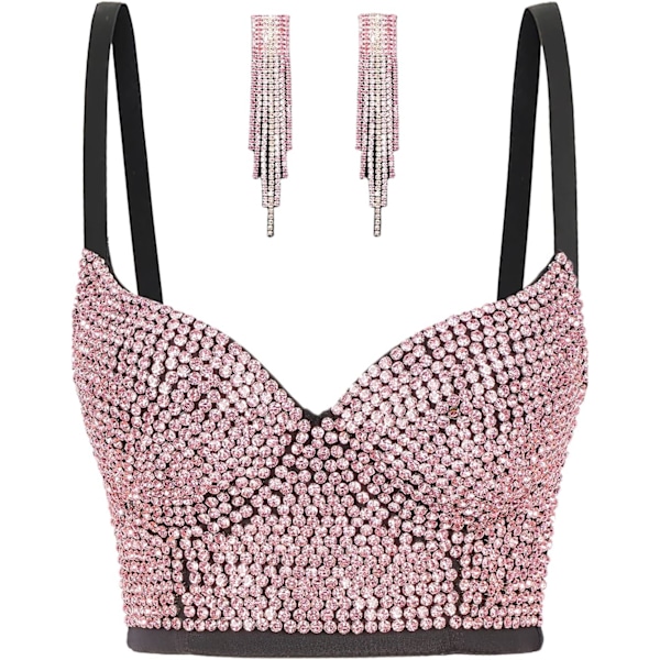 kiss Damsparklande strass push-up bh clubwear bustier crop top bh med strass dinglande örhängen rosa stor
