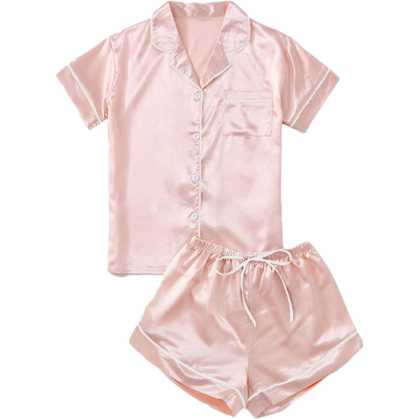 dusa Dam 2-delad satin nattkläder knapp fram nattkläder kortärmad pyjamas set enfärgad rosa medium