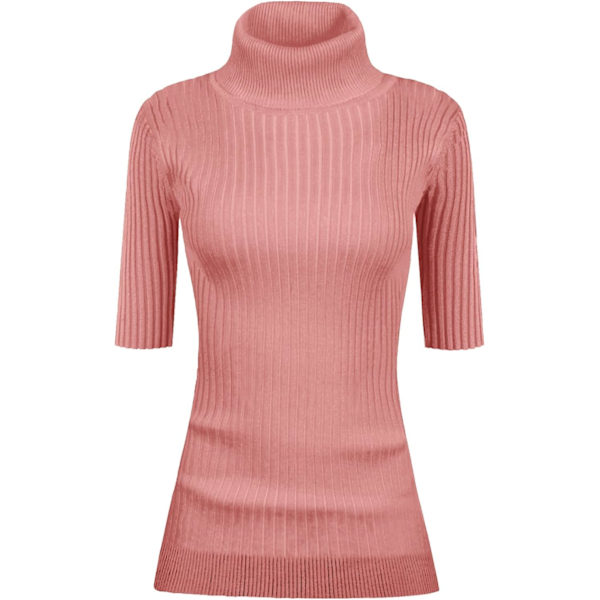 Kvinnor Turtleneck 1/2 Halv Ärm Hög Elastisk Ribbstickad Monterad Tröja Morandi Rosa Stor