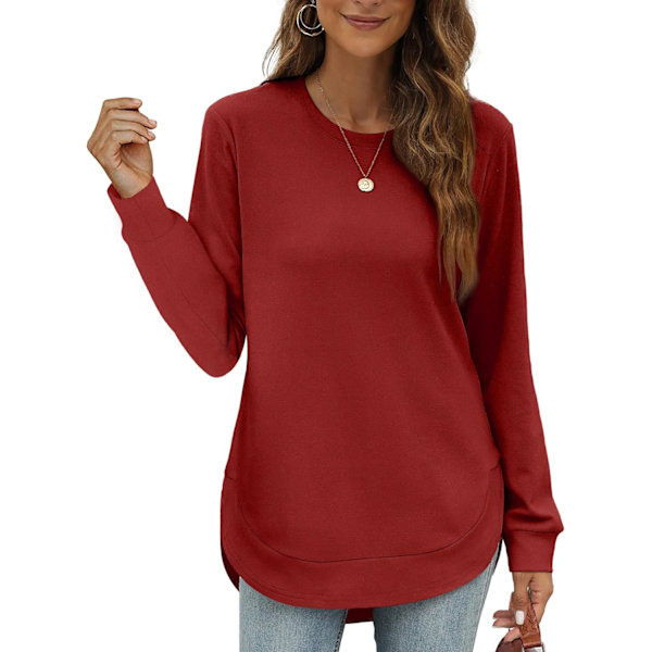 EFAN Damtröja Crewneck Långärmad tröjor för kvinnor Hög Låg Toppar Kurvad Fåll 06-burgundy Medium