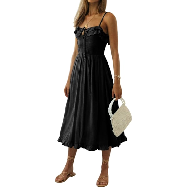 ivimos Dam Sommar Bomull Spaghetti Remmar V-Ringning Volang Casual Boho Midi Flytande Klänning Svart Medium