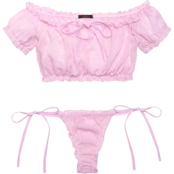 dlove BH och trosset Ruffle Lingerie Set Mesh Babydoll Chemise 1-rosa Medium