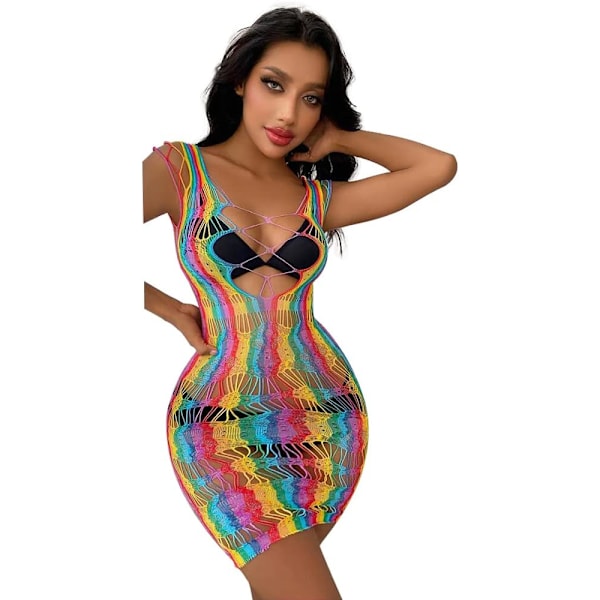 Sexig Teddy Rainbow Fishnet Chemise Hot Mesh Miniklänning Lingerie Babydoll Bodysuit Genomskinlig Cover Up Klänning Rainbow - Hollo One Size