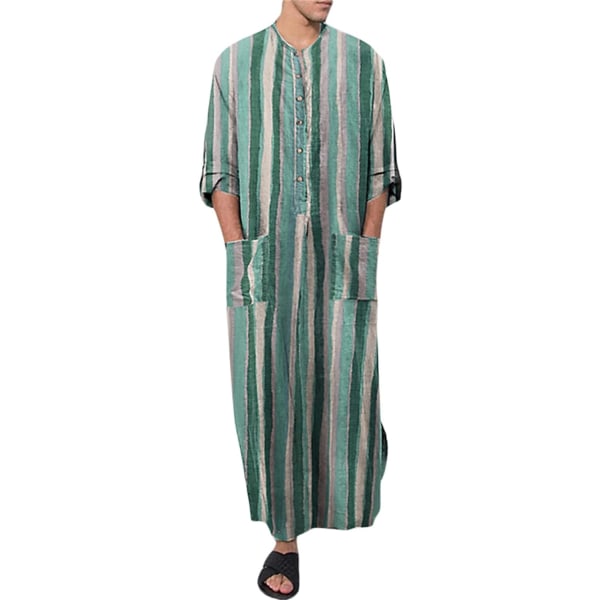 MVA Muslimsklänningar för män Långärmade Randiga Henley-skjortor Kaftan Muslim långklänning Thobe Robe för män Randig-grön X-Large