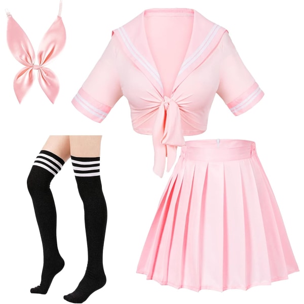 anese Anime Schoolgirl Classic Sailor JK Harajuku Crop Top Tie up Plisserad kjol Uniform Seifuku Strumpor Rosett Set Rosa 5X-Large