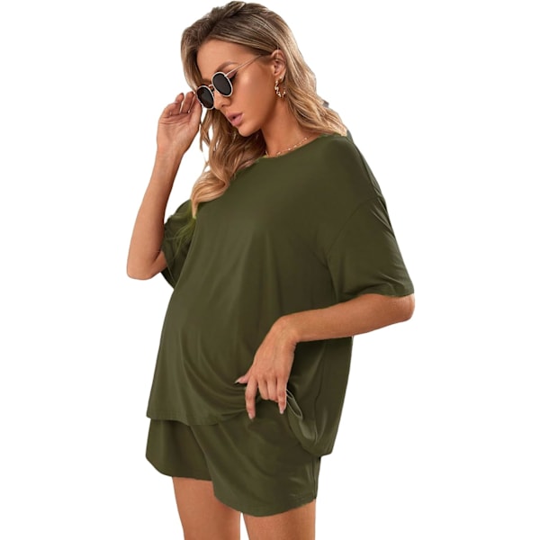 dusa Damkläder Graviditetspyjamas Set 2 Delar Drop Shoulder Topp och Korta Lounge Set Armégrön Medium