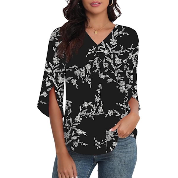 LASI Dam Sommar Chiffon Blusar 3/4 Ärm V-Ringning Casual Lös Arbete Toppar för Leggings 2024 Flowy Dressy T-shirts Svart D Blommig Medium